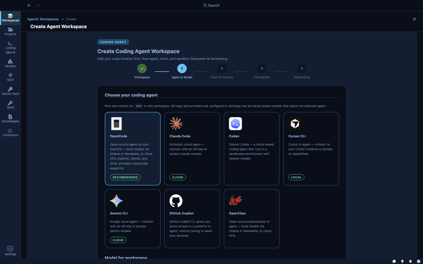 Wizard step 2 — Agent &amp; Model